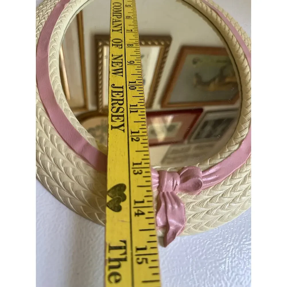 Vintage Oval Nursery Mirror Pink Bow Woven Frame Home girls wall cottage cute